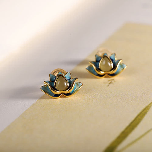 925 Sterling Silver Hetian Cyan Jade Lotus Flower Success Earrings Fortune Jewel