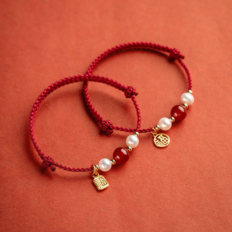 Fortune Jewel 925 Sterling Silver Good Fortune Fu Character Agate Pearl Red String Braid Bracelet