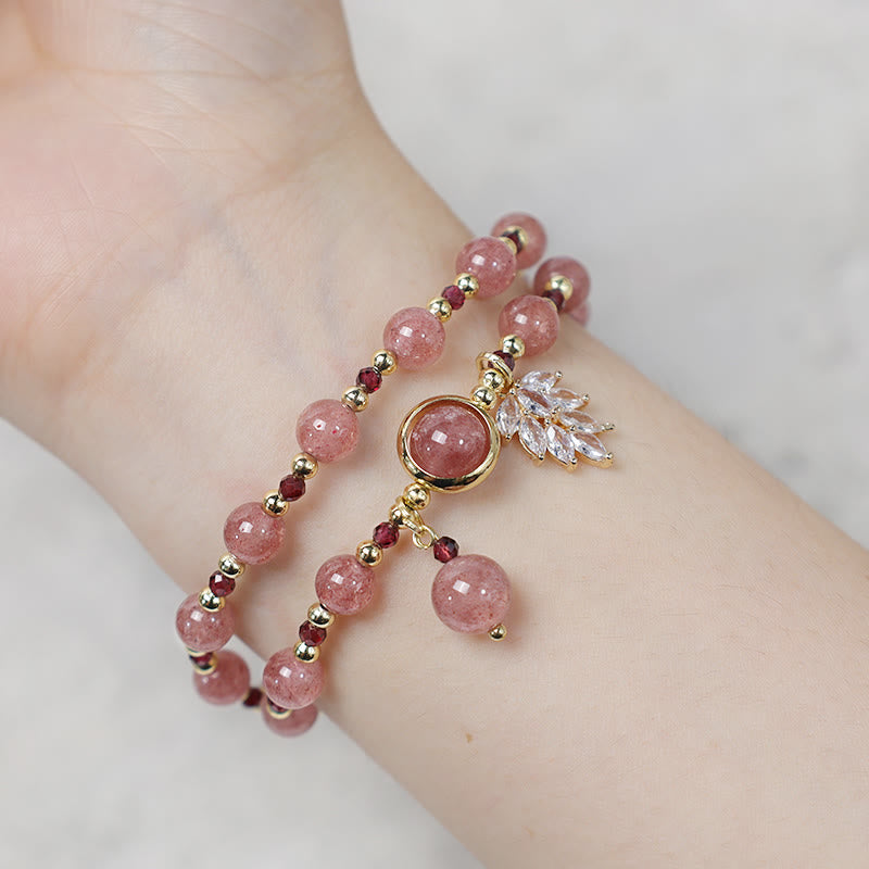 Fortune Jewel Natural Strawberry Quartz Love Healing Maple Leaf Charm Double Wrap Bracelet