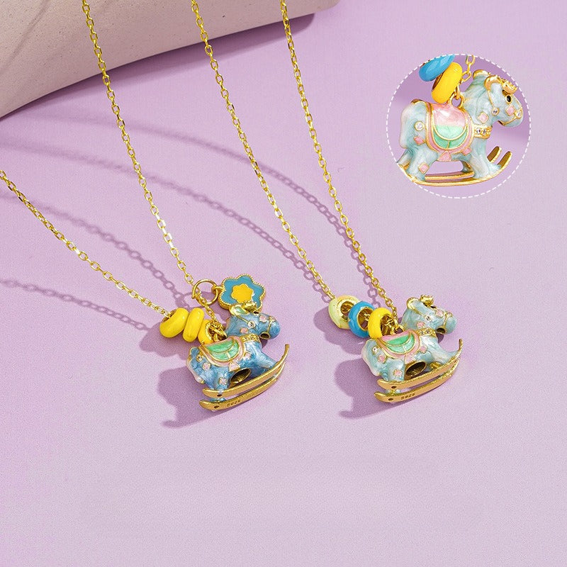 Wooden Horse Necklace for Women – S925 Silver Macaron Enamel Mini Horse Pendant Celebrating the Year of the Horse