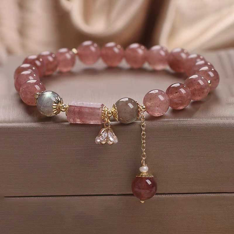 Fortune Jewel Natural Strawberry Quartz Zircon Flower Positive Charm Bracelet