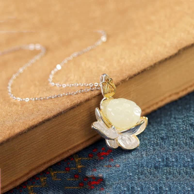 Fortune Jewel White Jade Lotus Flower Happiness Necklace Fortune Jewel