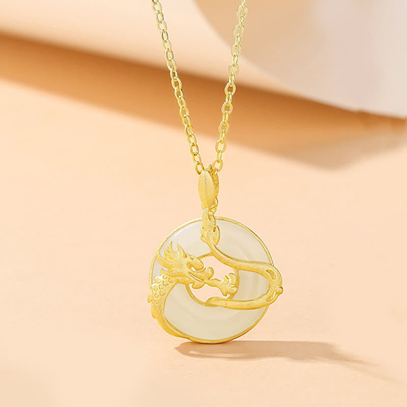 Fortune Jewel 925 Sterling Silver Year of the Dragon Hetian Jade Golden Dragon Phoenix Peace Buckle Luck Necklace Pendant