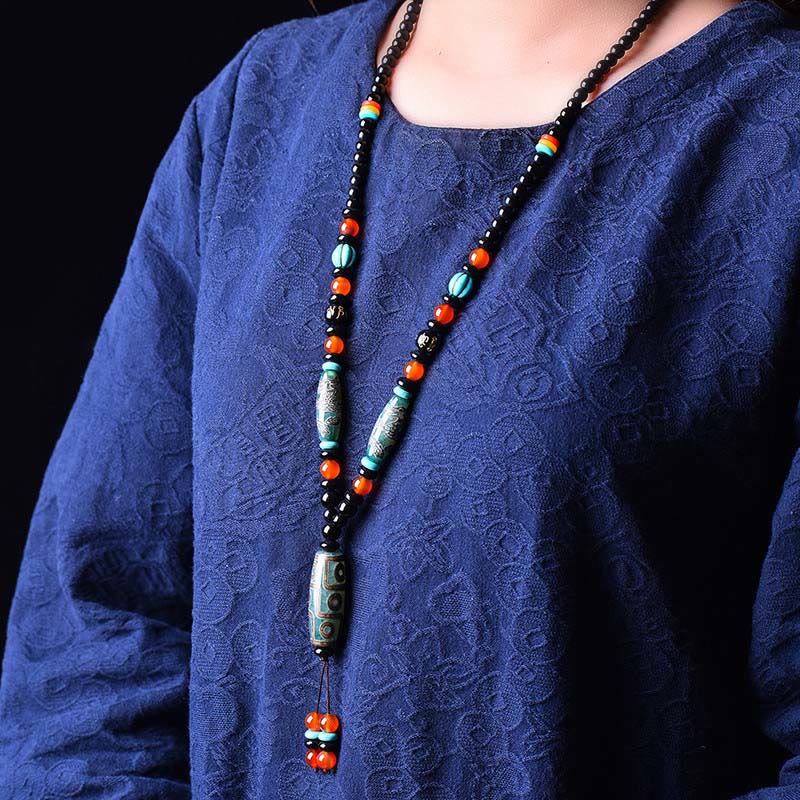 Fortune Jewel Tibetan Nine-Eye Dzi Bead Dragon Pattern Om Mani Padme Hum Protection Necklace Pendant Fortune Jewel