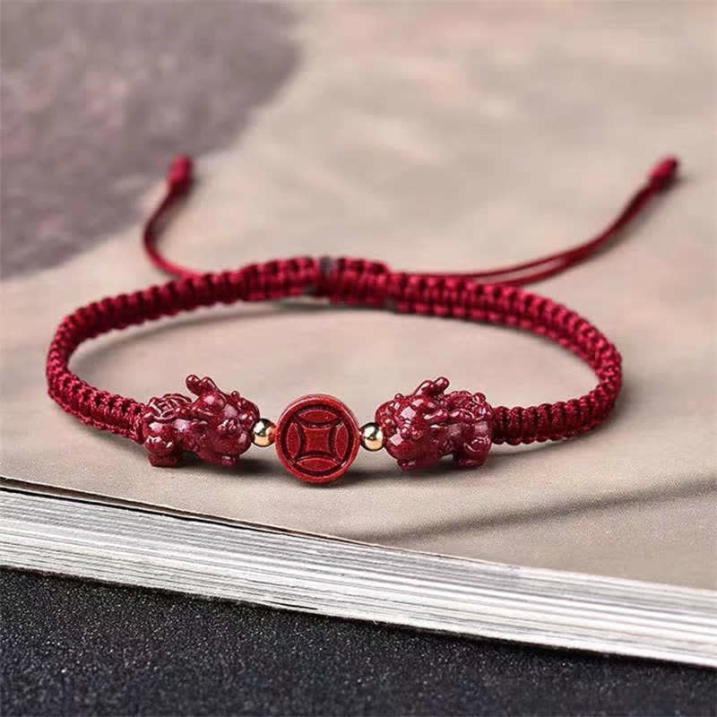 Fortune Jewel Cinnabar PiXiu Blessing Copper Coin Peace Buckle Red String Bracelet