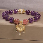 Fortune Jewel Natural Amethyst Strawberry Quartz Cat Eye Chinese Lock Charm Healing Bracelet