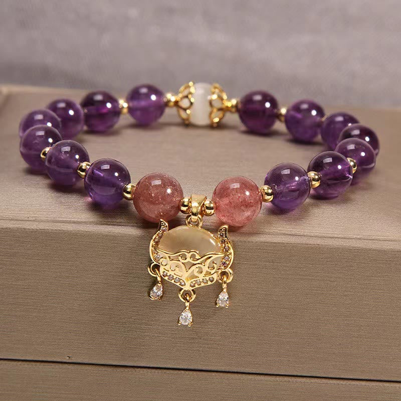 Fortune Jewel Natural Amethyst Strawberry Quartz Cat Eye Chinese Lock Charm Healing Bracelet
