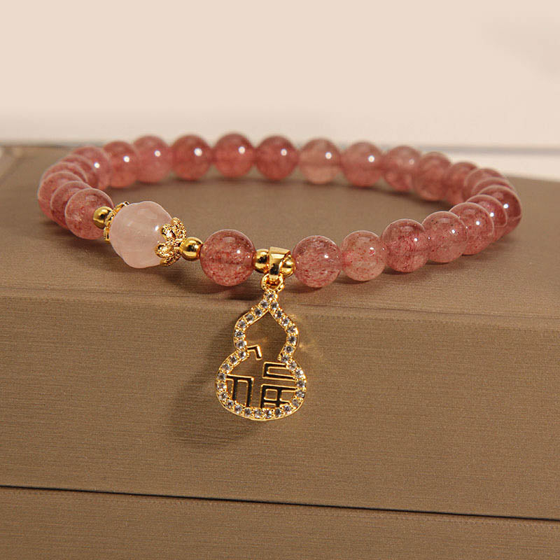 Fortune Jewel Strawberry Quartz Gourd Fu Character Charm Positive Bracelet