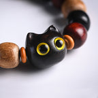 Fortune Jewel Small Leaf Red Sandalwood Ebony Wood Cute Cat Engraved Protection Bracelet