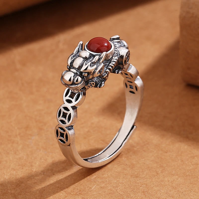 Fortune Jewel PiXiu Copper Coin Red Agate Wealth Luck Ring