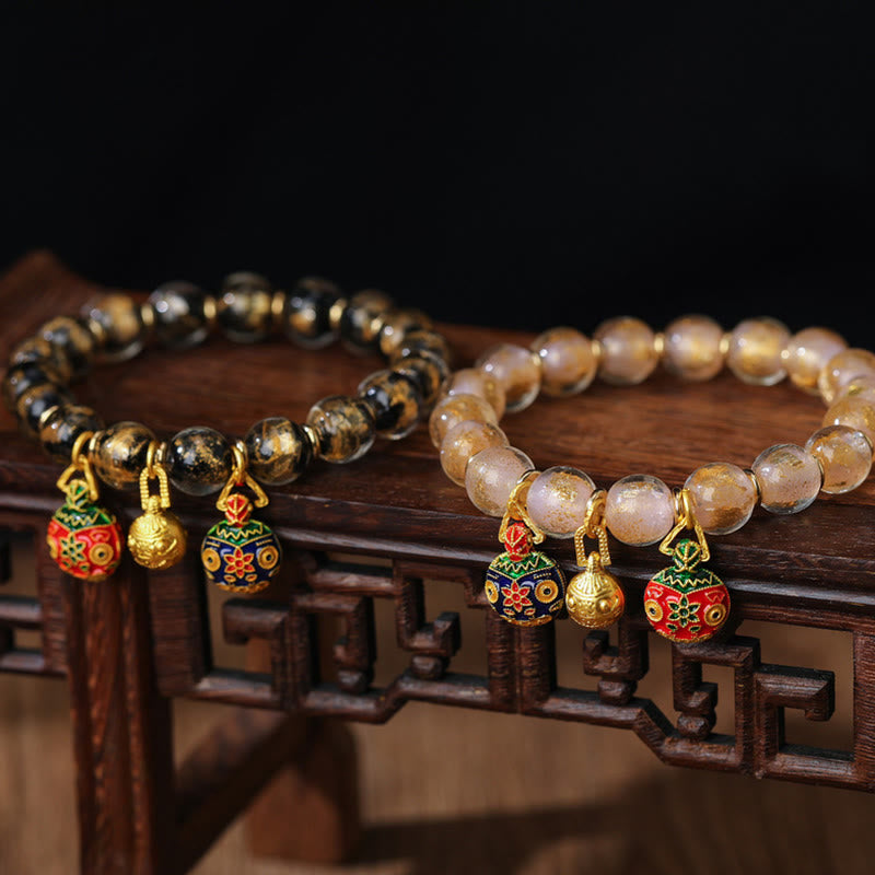 Fortune Jewel Gold Swallowing Beast Family Charm Gold Silver Foil Liuli Glass Bead Blessings Bracelet