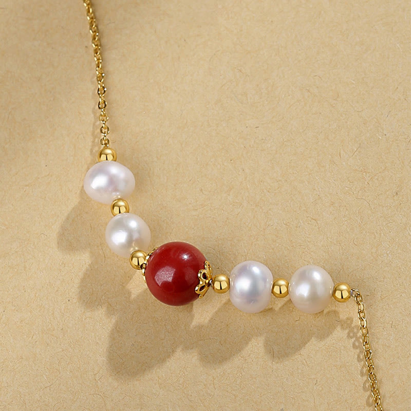 Fortune Jewel 925 Sterling Silver Pearl Cinnabar Sincerity Healing Bead Chain Necklace Pendant