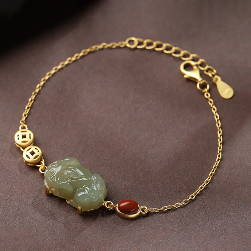 Fortune Jewel Cyan Jade PiXiu Copper Coin Red Agate Success Chain Bracelet