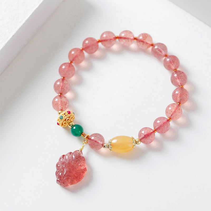 Fortune Jewel Natural Strawberry Quartz Nine Tailed Fox Healing Bracelet