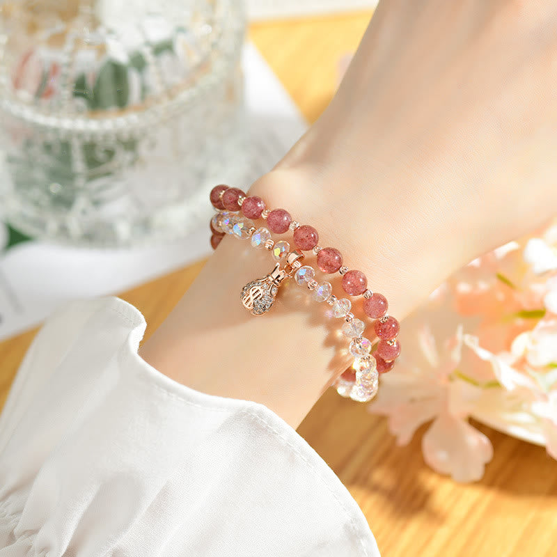 Fortune Jewel Strawberry Quartz White Crystal Money Bag Charm Positive Bracelet