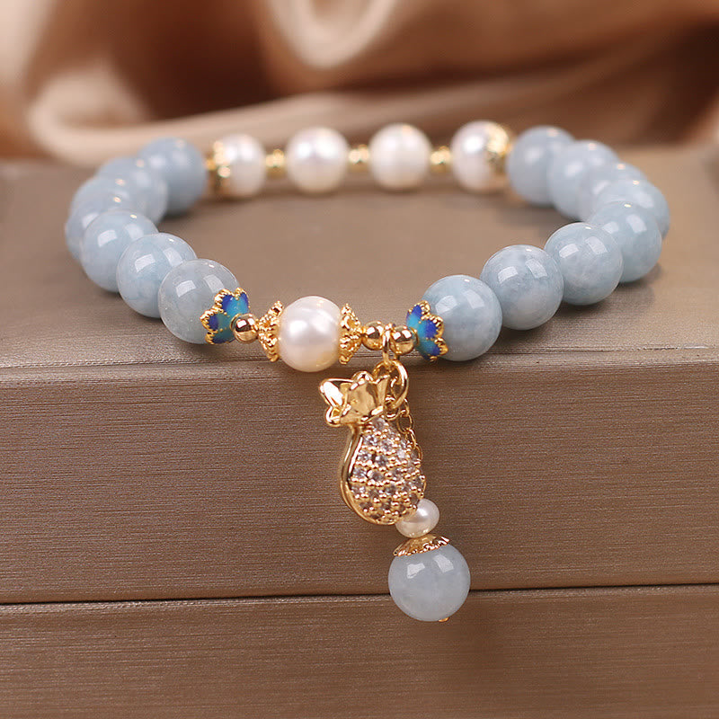 Fortune Jewel Aquamarine Pearl Fortune Money Bag Charm Bracelet