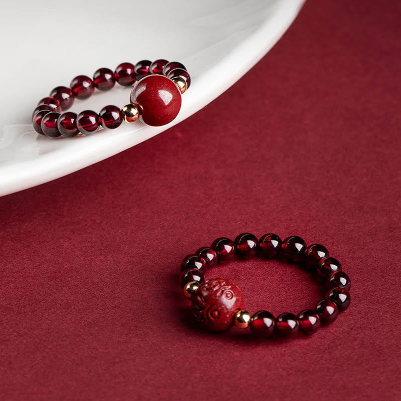 Fortune Jewel Garnet Cinnabar Lucky Bead PiXiu Om Mani Padme Hum Rose Protection Ring