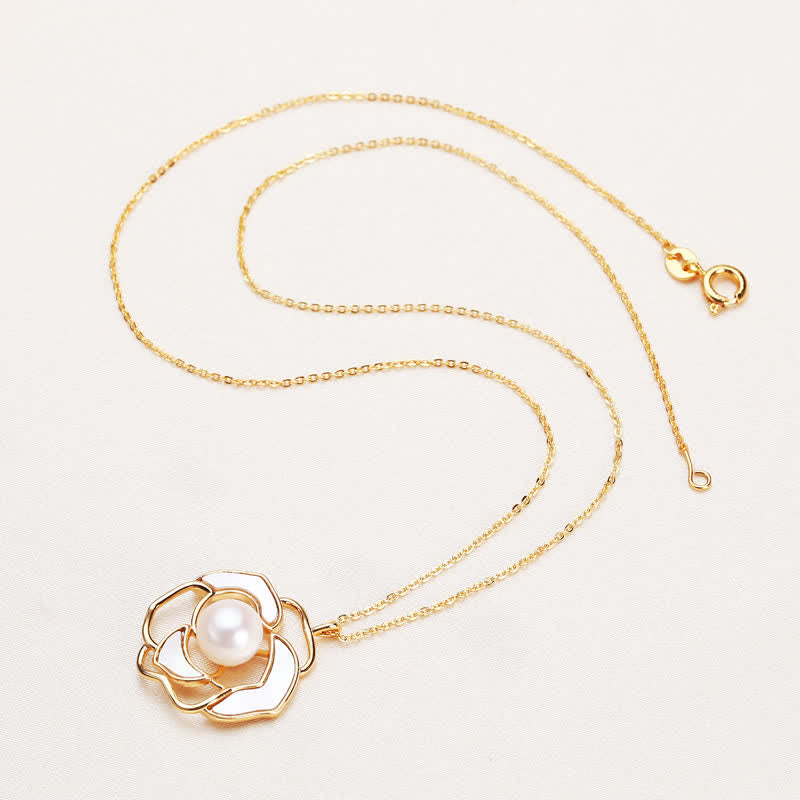 Fortune Jewel 925 Sterling Silver Pearl Camellia Pattern Happiness Necklace Pendant Earrings