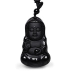 Fortune Jewel Natural Black Obsidian Crystal Buddha Strength Protection Amulet Lucky Charm Pendant Necklace