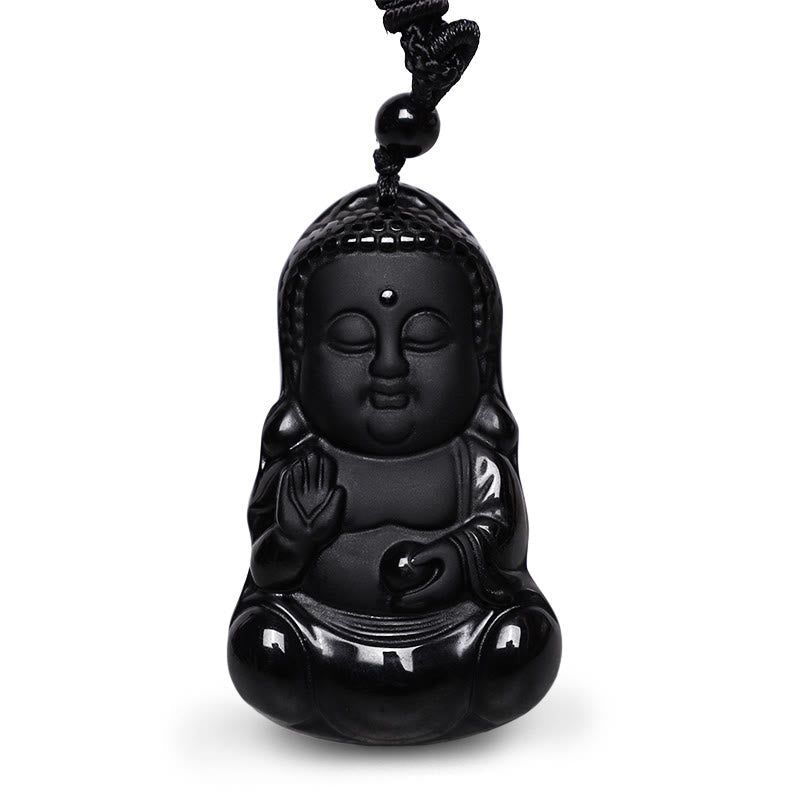 Fortune Jewel Natural Black Obsidian Crystal Buddha Strength Protection Amulet Lucky Charm Pendant Necklace