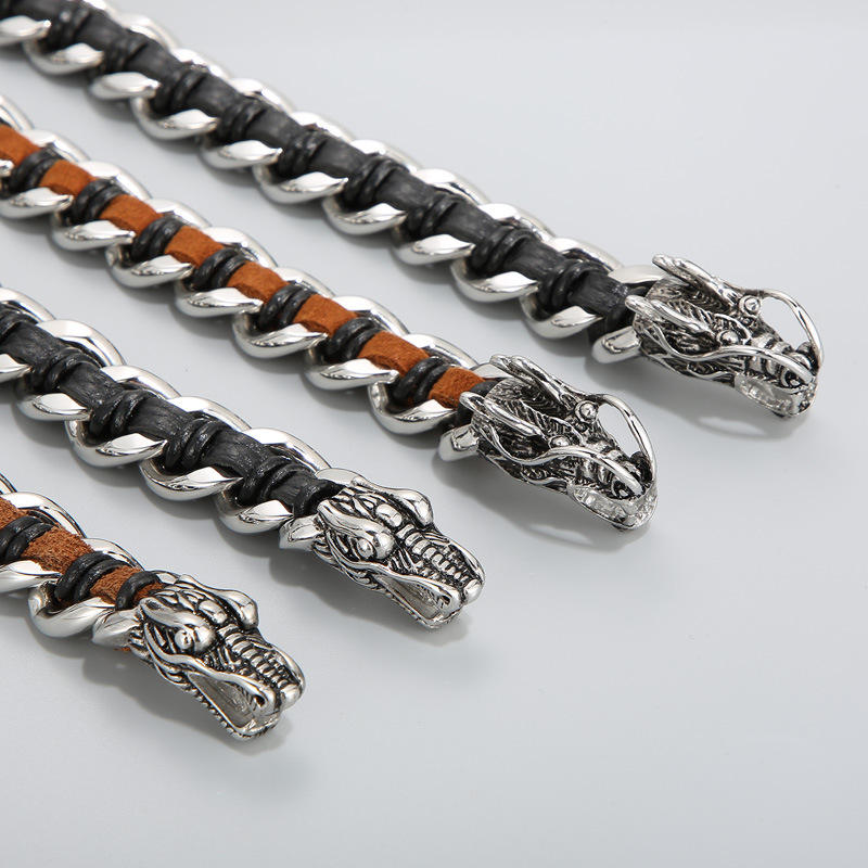 Fortune Jewel Dragon Leather Titanium Steel Protection Luck Braided Bracelet Fortune Jewel