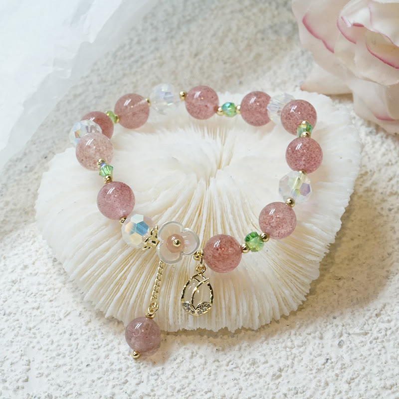 Fortune Jewel Strawberry Quartz Rutilated Quartz Fluorite Flower Healing Bracelet