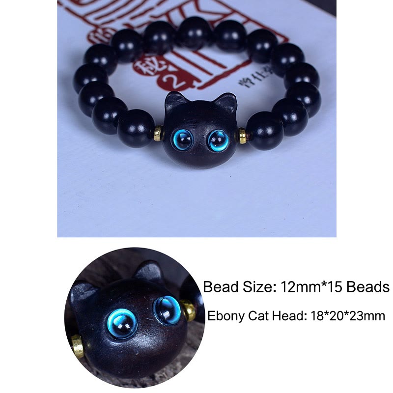 Fortune Jewel Ebony Wood Liuli Glass Lovely Cat Peace Balance Bracelet
