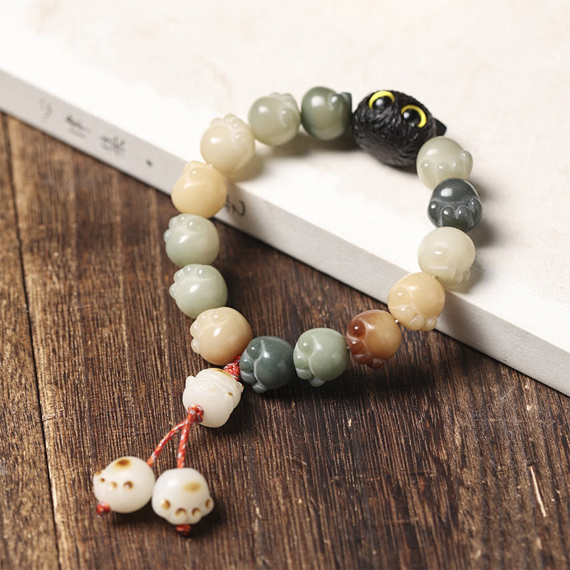 Fortune Jewel Natural Bodhi Seed Lovely Paw Ebony Wood Lucky Cat Wisdom Bracelet