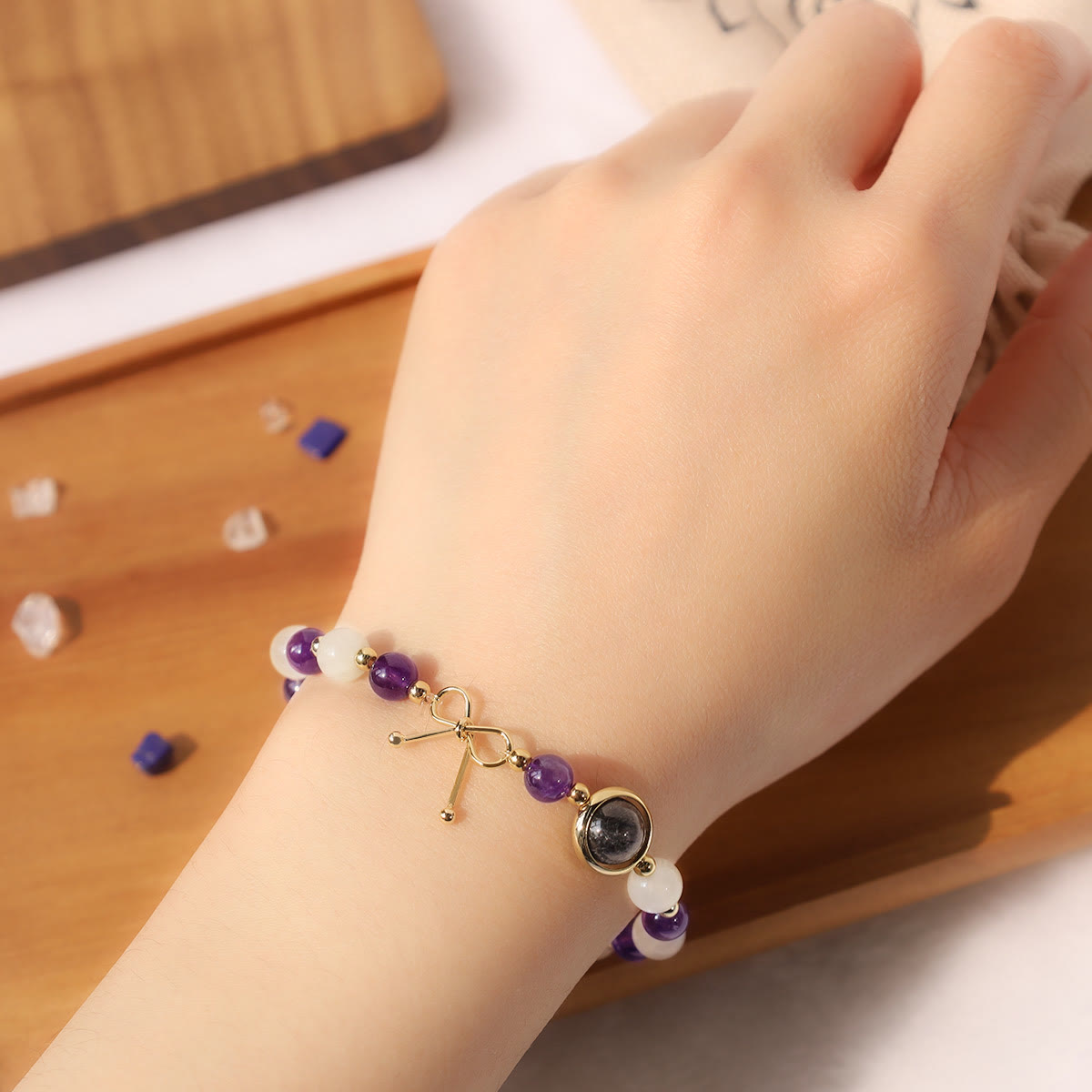 Fortune Jewel Amethyst Cat Eye Black Rutilated Quartz Spiritual Bead Bracelet