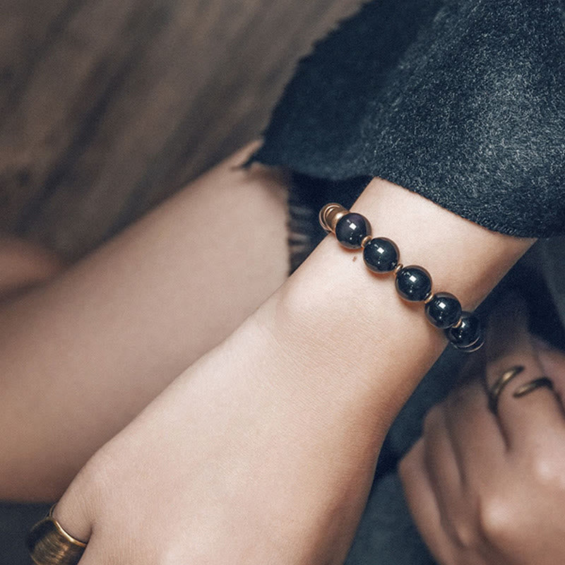 Fortune Jewel Lava Rock Stone Rainbow Obsidian Brass Support Healing Bracelet