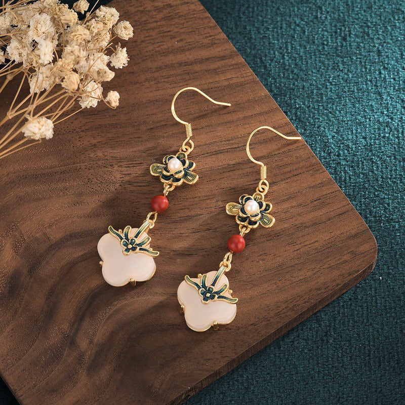 Fortune Jewel Lucky Four Leaf Clover Jade Abundance Copper Earrings