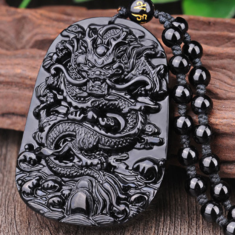 Fortune Jewel Black Obsidian Stone Dragon Fulfilment Pendant Necklace