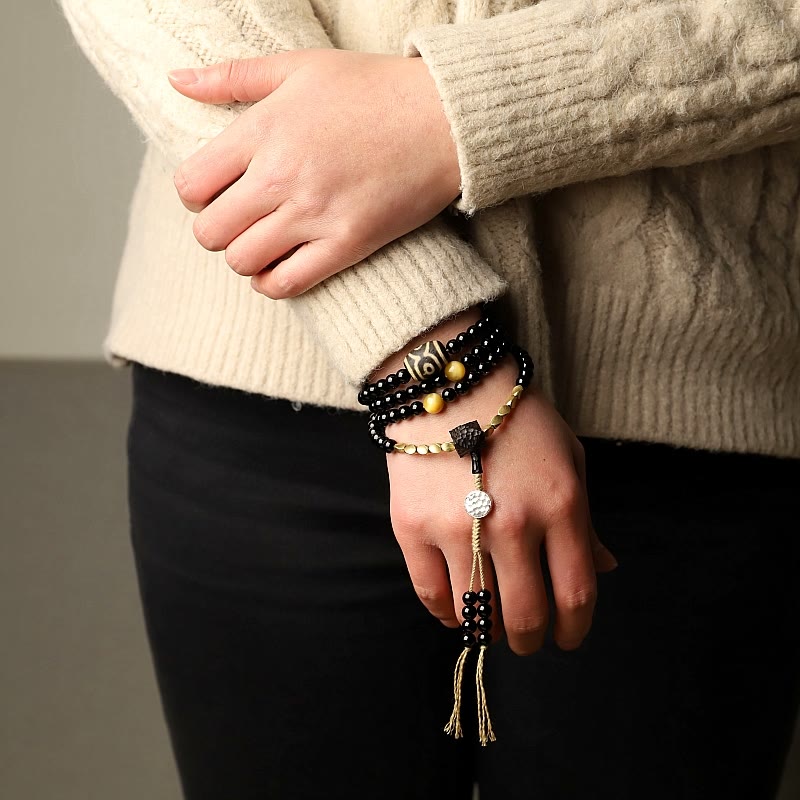 Fortune Jewel Tibetan 108 Mala Beads Black Onyx Three-eyed Dzi Beads Protection Bracelet