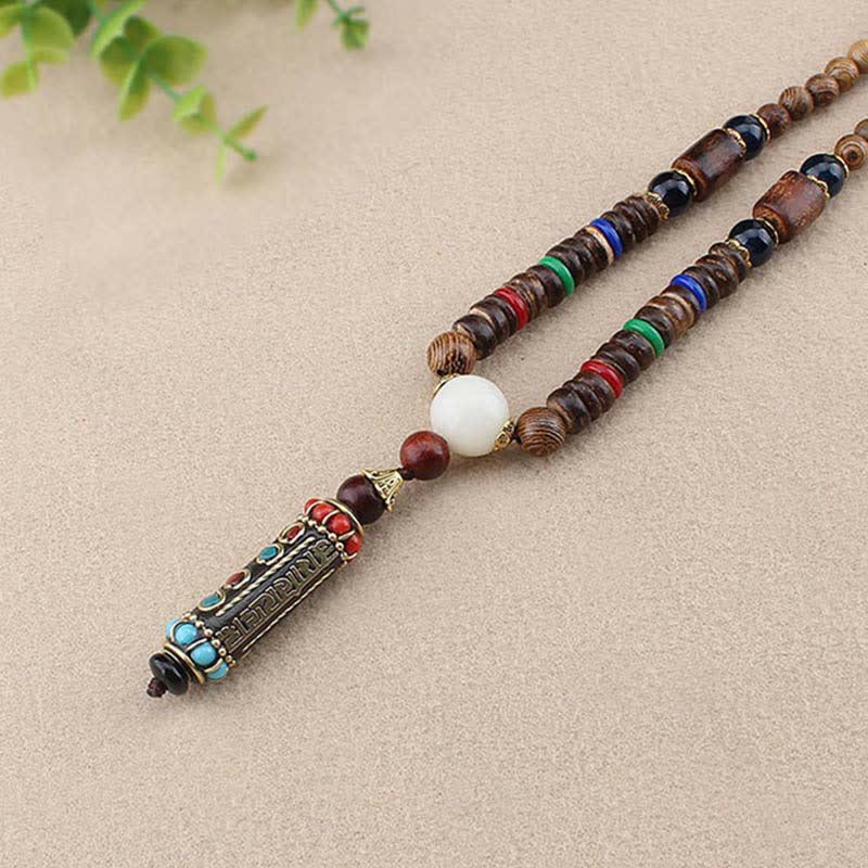 Fortune Jewel Tibetan Om Mani Padme Hum Dzi Bead Wenge Wood Necklace Pendant