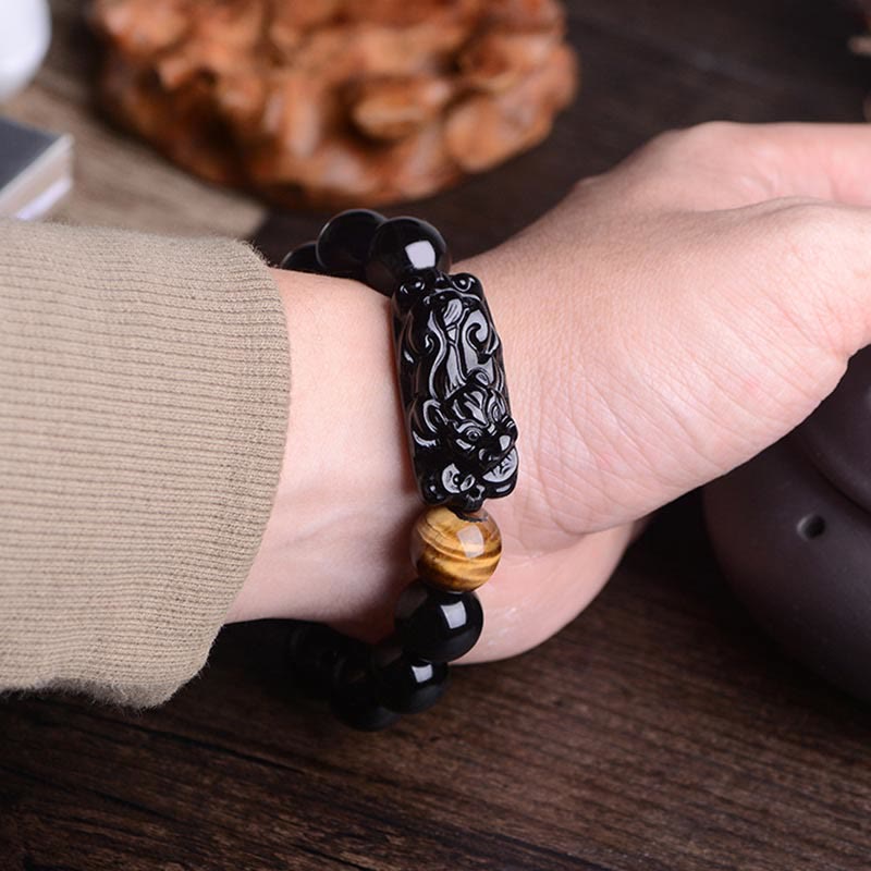 Fortune Jewel Natural Black Obsidian PiXiu Tiger's Eye Strength Bracelet