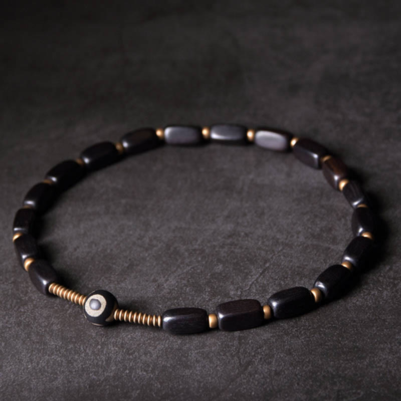Fortune Jewel Tibet Ebony Wood Dzi Bead Copper Balance Double Wrap Bracelet