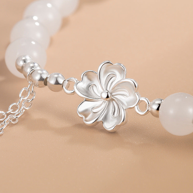 Fortune Jewel White Jade Peach Blossom Petals Flower Luck Bracelet
