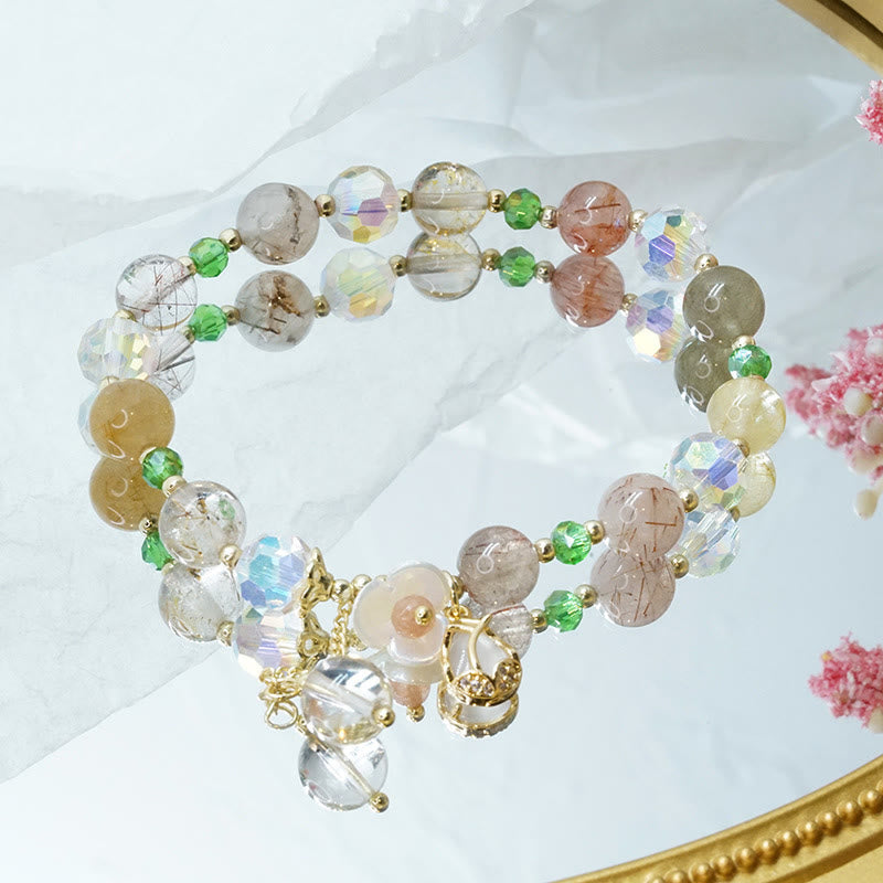 Fortune Jewel Strawberry Quartz Rutilated Quartz Fluorite Flower Healing Bracelet