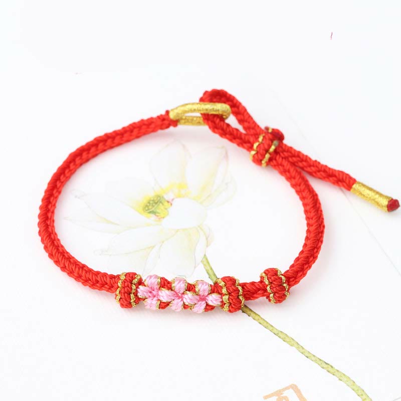 Fortune Jewel Handmade Three Peach Blossoms Luck Eight Strands Braided String Bracelet