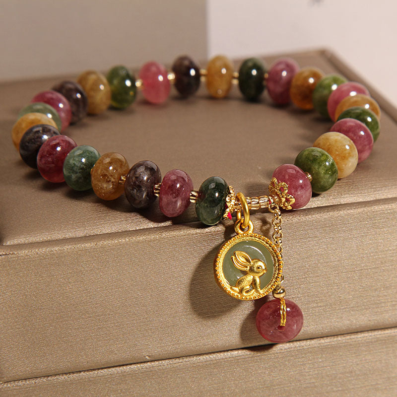 Fortune Jewel Natural Colorful Tourmaline Cute Rabbit Charm Positive Bracelet