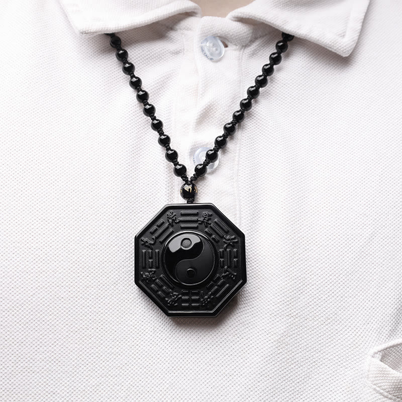 Fortune Jewel Black Obsidian Stone Yin Yang Pendant Necklace