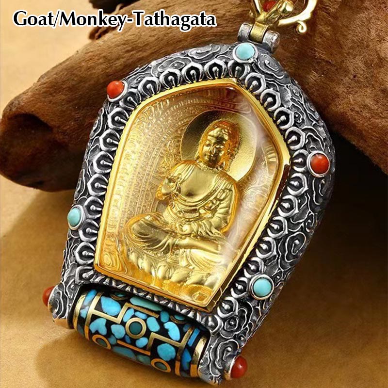 Fortune Jewel Tibet Chinese Zodiac Natal Buddha Thangka Prosperity Rotatable Dzi Bead Necklace Pendant Fortune Jewel