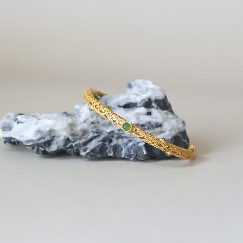 Fortune Jewel Cyan Jade Copper Auspicious Clouds Calm Healing Bracelet Bangle