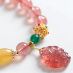 Fortune Jewel Natural Strawberry Quartz Nine Tailed Fox Healing Bracelet