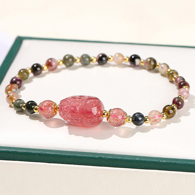 Fortune Jewel Moonstone Strawberry Quartz Tourmaline PiXiu Healing Bracelet