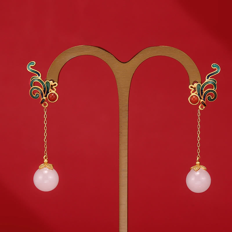 Fortune Jewel Vintage White Jade Red Agate Bead Blessing Drop Dangle Earrings