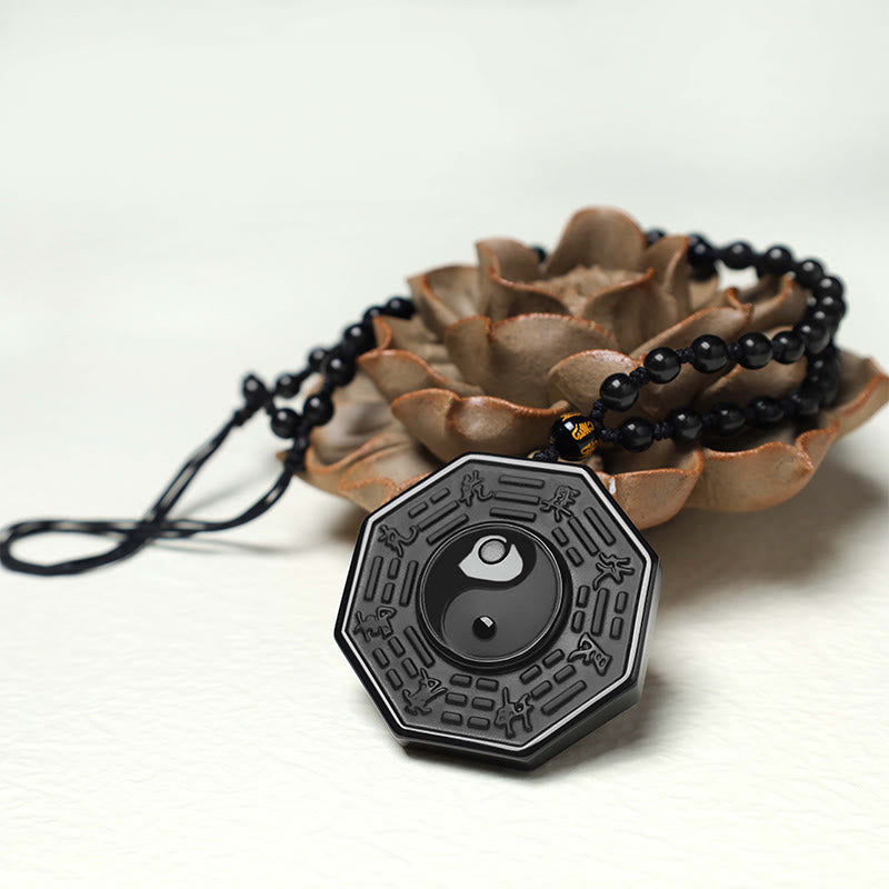 Fortune Jewel Black Obsidian Stone Yin Yang Pendant Necklace