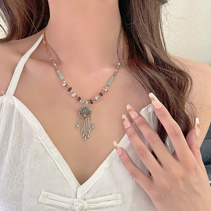 Fortune Jewel Tibetan Crystal Stone Copper Luck Tassel Necklace Pendant