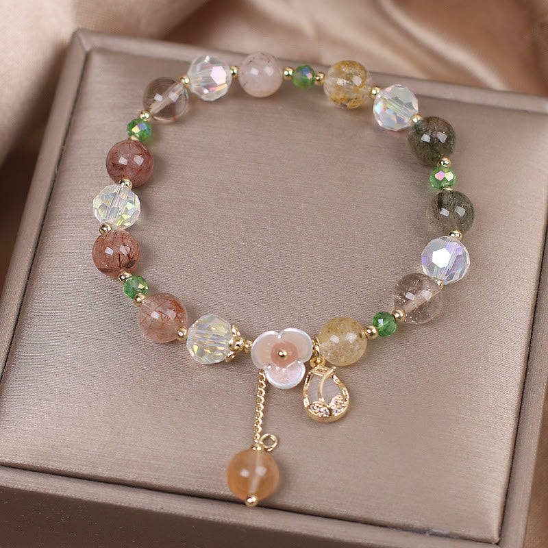 Fortune Jewel Strawberry Quartz Rutilated Quartz Fluorite Flower Healing Bracelet
