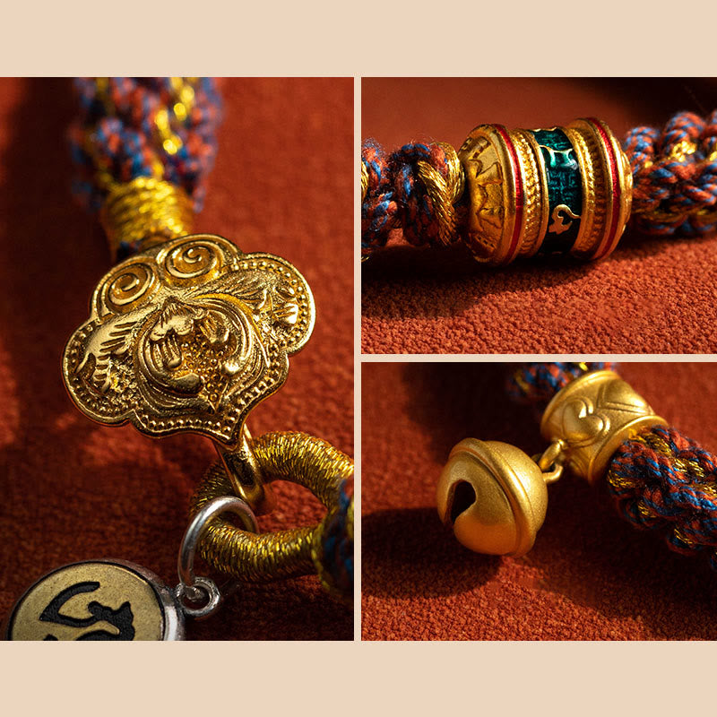 Fortune Jewel 925 Sterling Silver Chinese Zodiac Natal Buddha Om Mani Padme Hum Luck Bell Braided String Bracelet